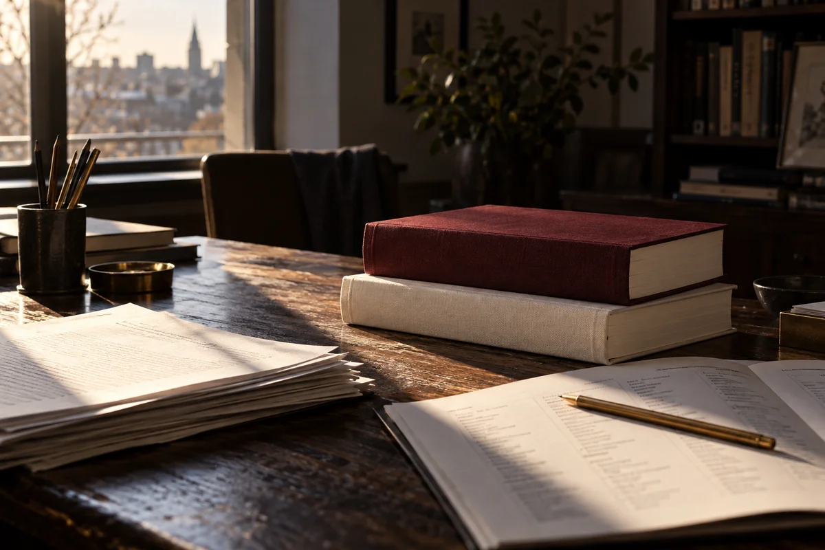 Maroon and cream clothbound books on a publisher’s desk, lit by a shaft of afternoon sun.